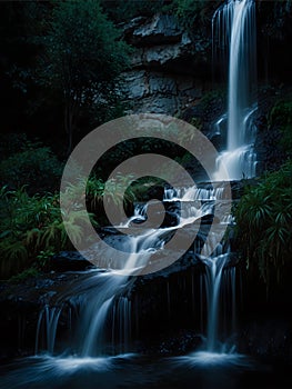 Serene waterfall cascading through lush forest
