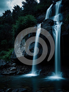 Serene waterfall cascading through lush forest