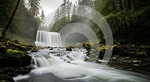 Serene waterfall cascading through a lush, moss-covered forest, creating a tranquil natural landscape