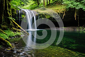 serene waterfall in a dense forest, perfect for qi gong photo