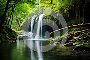 serene waterfall in a dense forest, perfect for qi gong photo