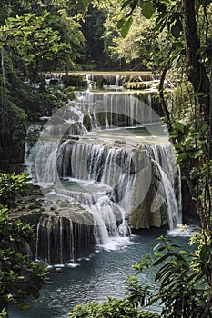 serene waterfall flows amidst lush greenery, cascading into a tranquil pool, embodying nature's untouched beauty and peaceful