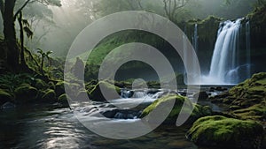 Serene Mossy Waterfall in Lush Green Forest, Tranquil Nature Scene