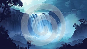 Serene Waterfall in a Mystical Forest with Soft Light and Foggy Atmosphere