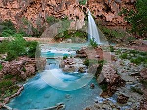 Serene waterfalls in Havasupai in the spring