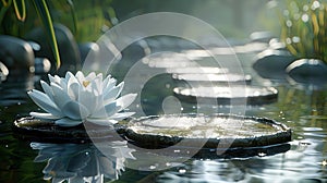 Serene Waterlily amidst Stones and Bamboo