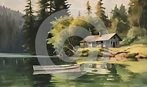 Serene Waters: Tranquil lake painting with boat and house