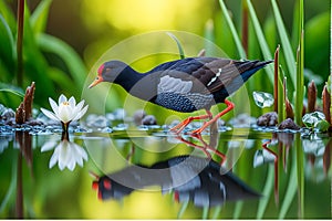 Serene Wetland Stroll: Common Moorhen Strides with Precision Focus, Every Feature Mirrored in Nature\'s Calm photo