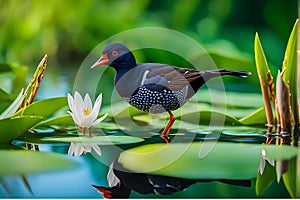 Serene Wetland Stroll: Common Moorhen Strides with Precision Focus, Every Feature Mirrored in Nature\'s Calm photo