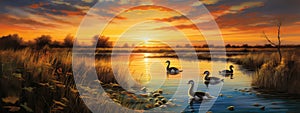 Serene wetland at sunset photo realistic illustration - Generative AI.