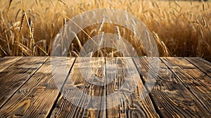 A serene wheat field with golden hues and rustic wooden planks. perfect for nature and agriculture themes. rural