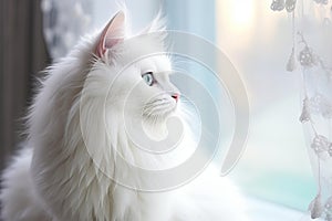 Serene white cat gazing out window