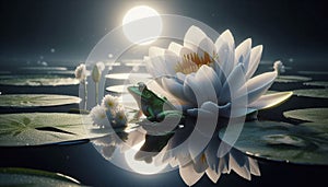A serene white lily on a pond, with a frog on a lilypad, soft moonlight reflections. photo