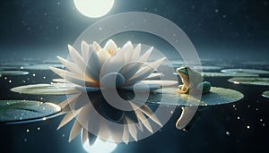 A serene white lily on a pond, with a frog on a lilypad, soft moonlight reflections. photo
