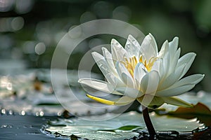 Serene white lotus flower blooming in pond photo