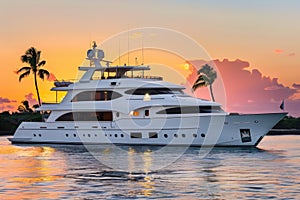 Serene White Motor Yacht Gliding Through Sunset Waters