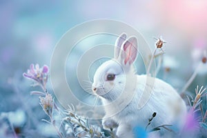 Serene white rabbit in ethereal wildflower meadow
