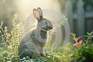 Wild rabbit in sunlit garden. Generative AI