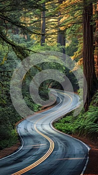 A serene winding road traverses through a majestic redwood forest, illuminated by golden sunlight filtering through the