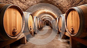 A serene wine cellar showcasing rows of oak barrels in a rustic setting, ideal for wine enthusiasts and connoisseurs photo