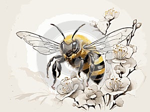 Serene Wings: SumiE Bee Illustration