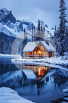 Serene Winter Evening at a Snow-Covered Lakeside Cabin in the Mountains