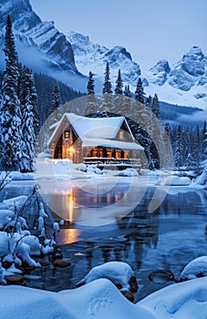 Serene Winter Evening at a Snow-Covered Lakeside Cabin in the Mountains