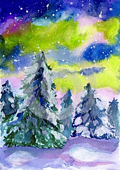 Serene winter forest under vibrant aurora borealis, watercolor illustration