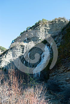 Serene Winter Landscape of Cascading Waterfalls in Mountains