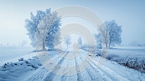 Serene Winter Landscape: Snow-Covered Trees and Tranquil Country Road