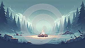 Serene winter night scene with campfire in forest