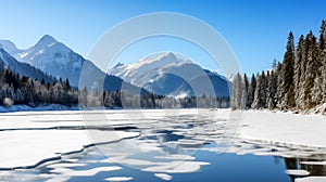 Serene winter scene with a snow-covered forest and frozen lake