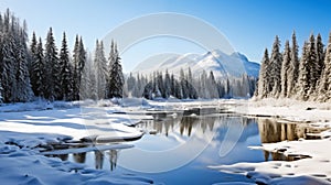 Serene winter scene with a snow-covered forest and frozen lake