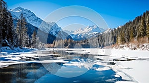 Serene winter scene with a snow-covered forest and frozen lake