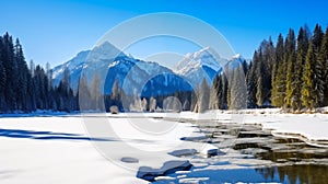 Serene winter scene with a snow-covered mountain and frozen lake