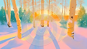 A serene winter scene with a vibrant sunrise casting long shadows across the photo