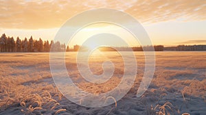 Serene Winter Scenery: Snow Frost Sun Rising In A Field