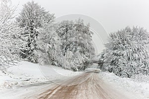 Serene winter scenery: Snowy mountain road on a cold day