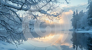 Serene Winter Sunrise Over a Snow-Covered Lake