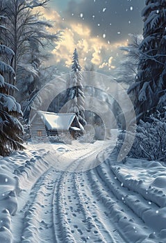 Serene Winter Wonderland: A Cozy Cabin Retreat in a Pencil Sketc