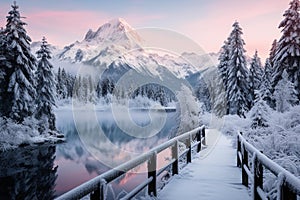 Serene Winter Wonderland: Majestic Snow-Covered Mountains, Frozen Lake, and Frosty Pine Trees