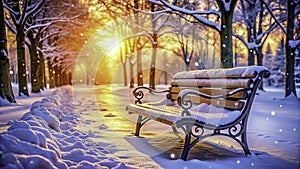 Serene Winter Wonderland A Peaceful Park Bench Captured with a Nikon Z7 II 35mm Lens photo