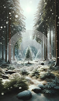 Serene Winter Wonderland: Tranquil Forest During a Gentle Snowfall