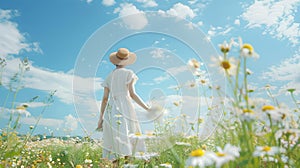 Serene woman in field of flowers enjoying nature. summer dress and hat fashion. concept of tranquility and freedom. AI