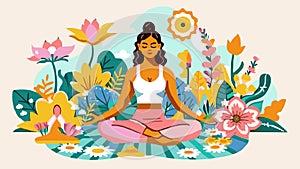 Serene Woman Meditating in Colorful Floral Ambience photo