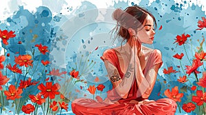 Serene Woman Meditating in Vibrant Flower Field, Watercolor Illustration