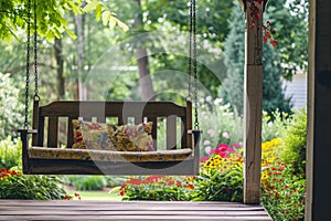 A serene wooden porch swing hanging from a sturdy tree, inviting you to relax and enjoy the outdoors, A cozy wooden swing on a