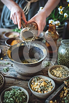 A serene workspace with a healer mixing an herbal remedy in an infusion pot, with poultices laid out to combat toxins