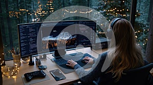 A serene workspace with multiple monitors showing data analysis, surrounded by nature and cozy lighting for enhanced