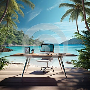 Serene Workspace: Office Desk Overlooking Tranquil Tropical Beach